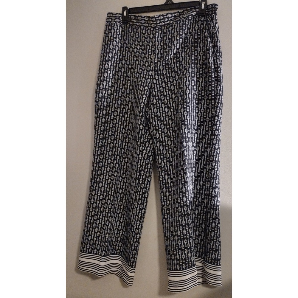 Ann Taylor Factory Women's 14 Wide Leg Pants Navy Blue White Chain Link Trousers